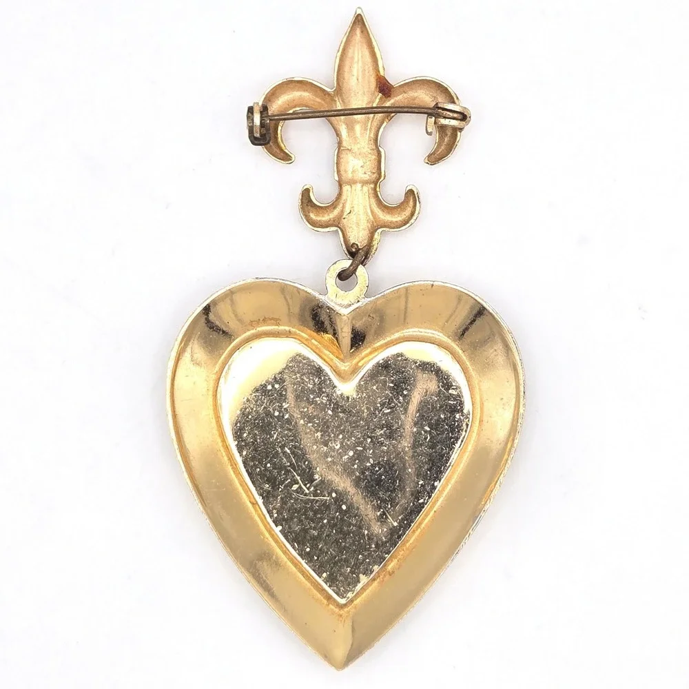 Vintage Brooch Fleur-de-lis Mother of Pearl‎ Heart Monogram MN Gold Tone Pin 60s